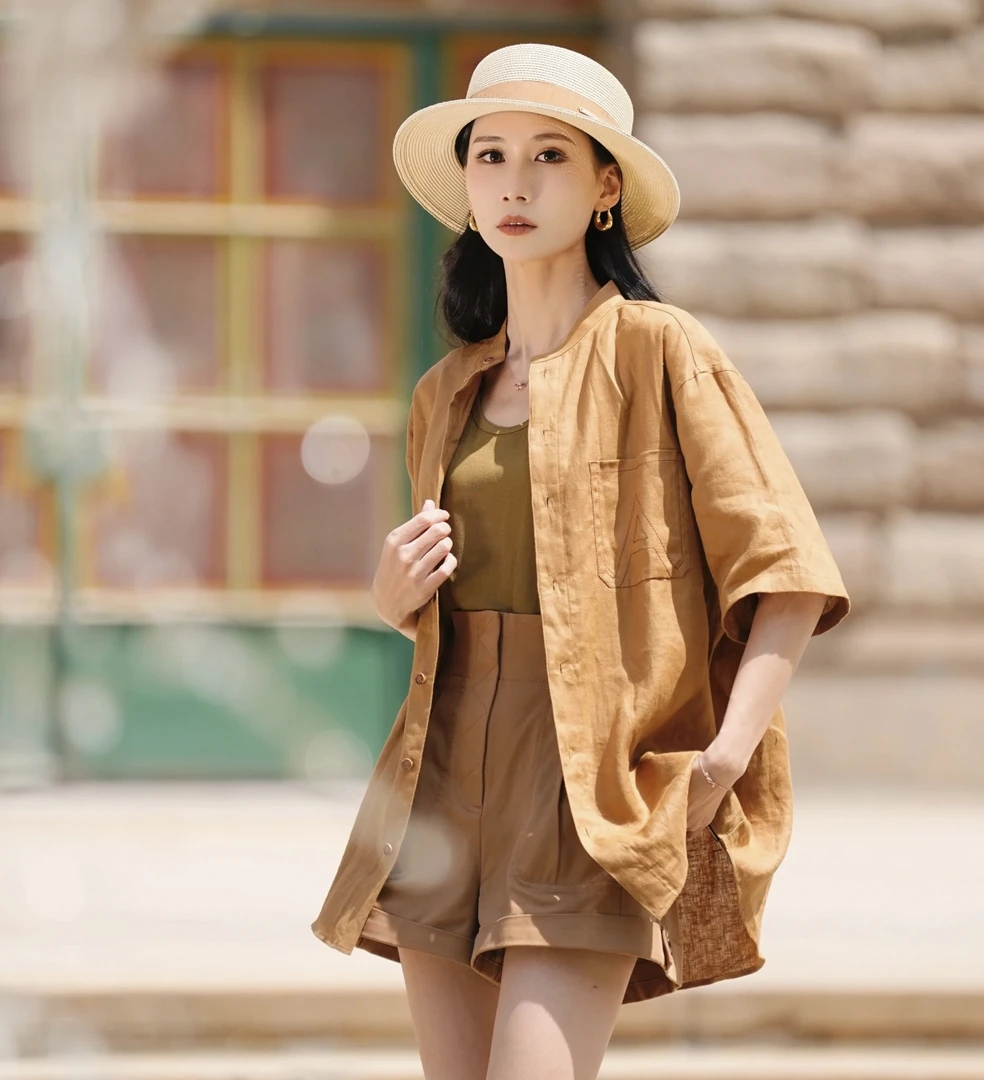 AMASS阿玛施春季新款复古休闲时尚宽松半袖衬衫女530060