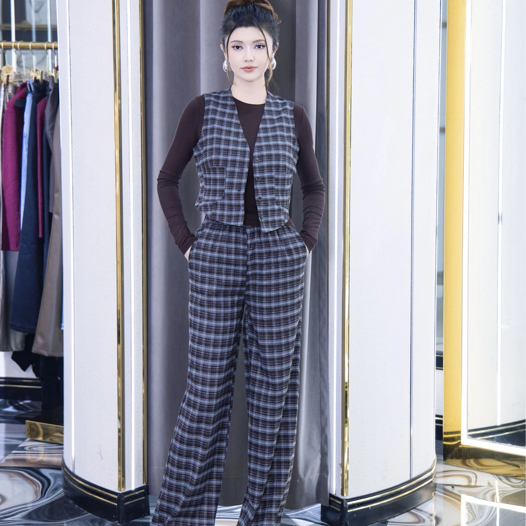 KMDIL春季新款时尚格子马甲阔腿裤套装时尚减龄显瘦日常百搭0131