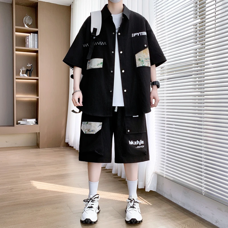 青少年男生短袖衬衫套装潮流休闲夏季宽松一套装衬衣短裤学生装男