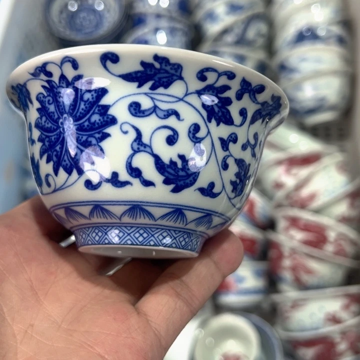 瓷片白青花缠枝莲压手杯全品