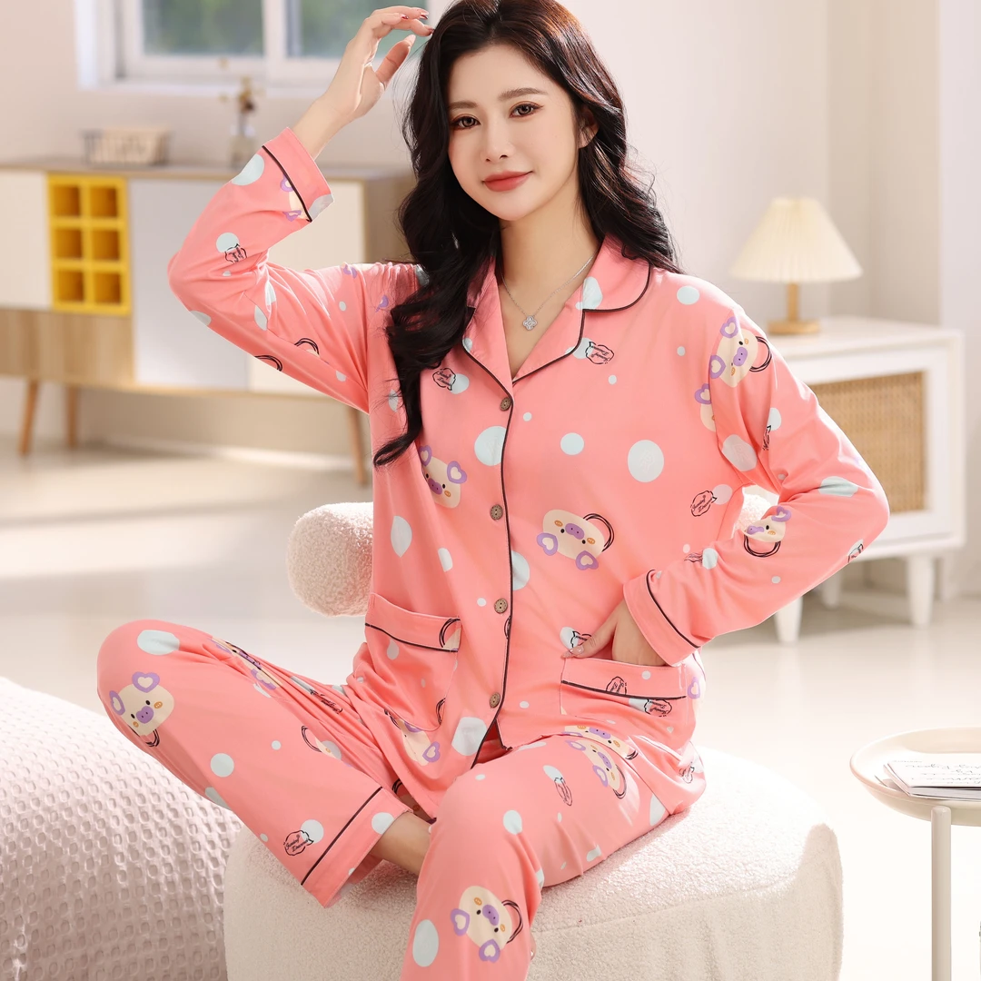 女士睡衣大码春秋季长袖开衫翻领宽松碎花家居服月子服套装可外穿