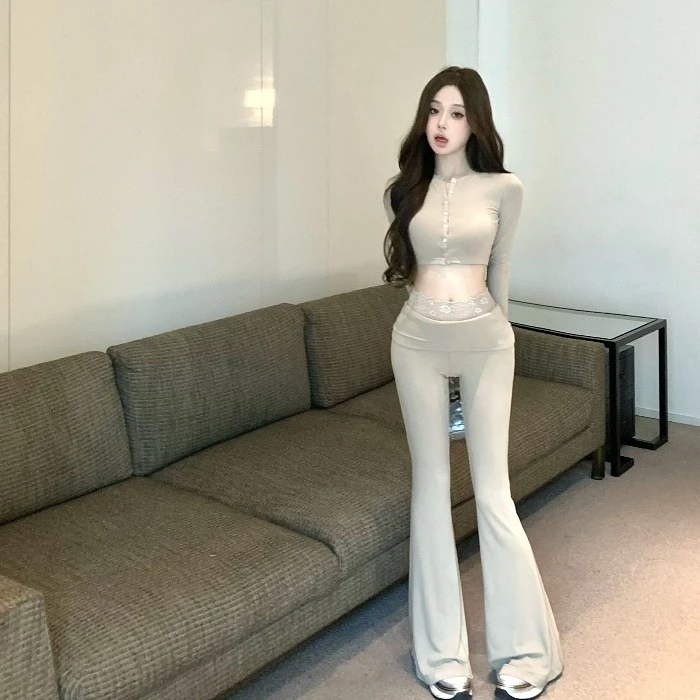 御姐性感套装女秋季修身短款长袖上衣高腰微喇叭休闲裤长裤两件套