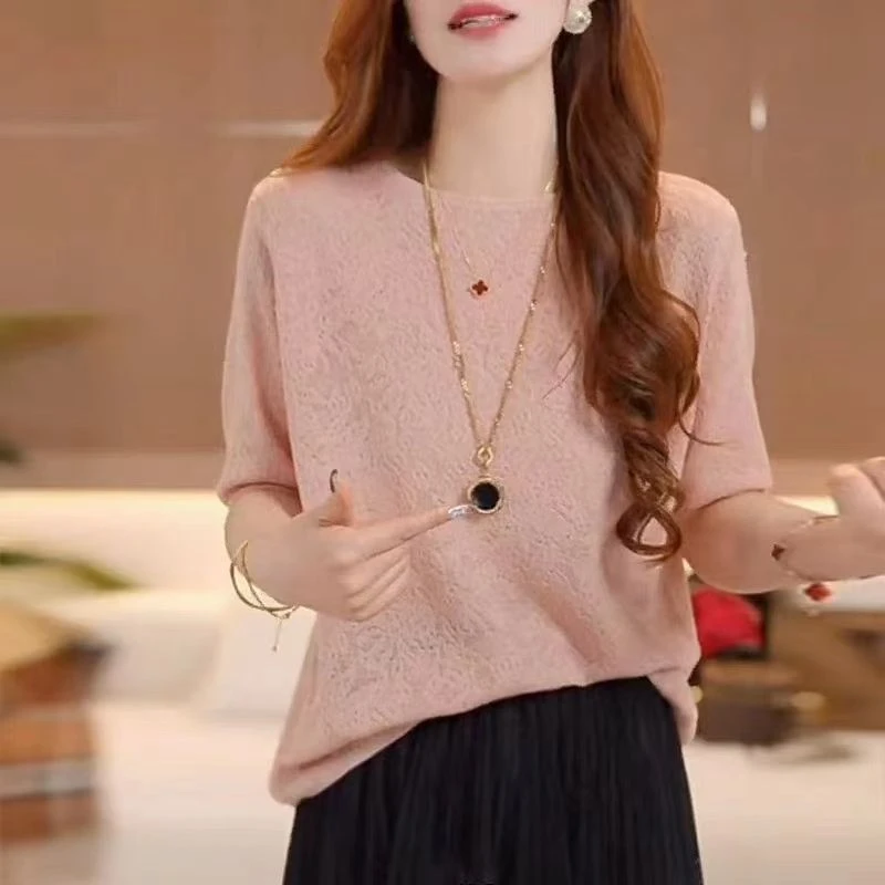 高档妈妈装时尚短袖镂空新款提花宽松显瘦圆领针织衫