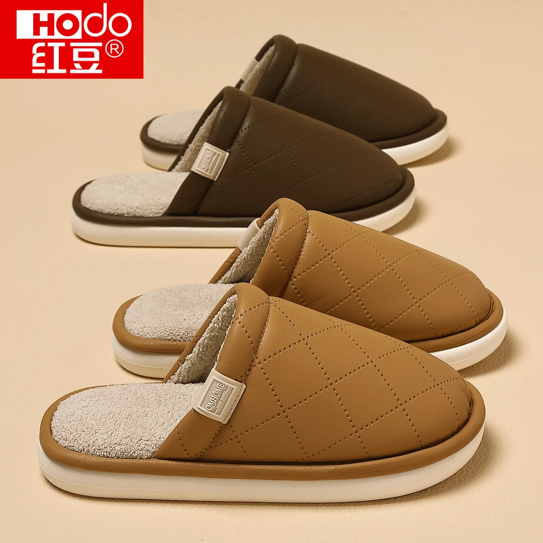 红豆PU防水棉拖鞋女士秋冬季2025新款厚底防滑室内居家情侣棉拖男