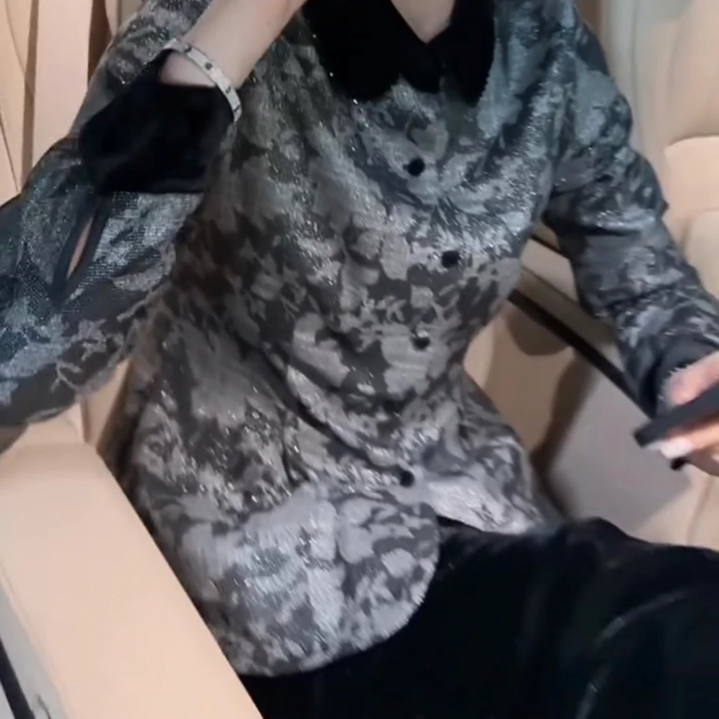 娃娃领女外套秋季ins女士修身型女装长袖短外套碎花显瘦气质M衬衫