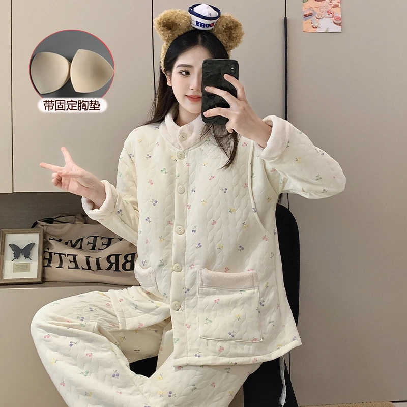 春秋冬季小樱桃加厚保暖绒领产后喂奶哺乳空气棉月子服孕妇带胸垫