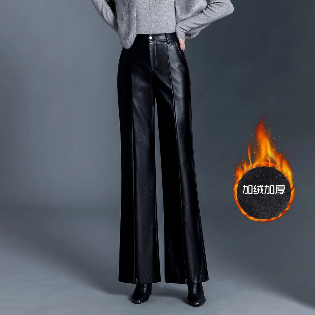加绒微喇裤皮裤女秋冬季厚款时尚显瘦垂感pu皮休闲裤长裤直筒喇裤