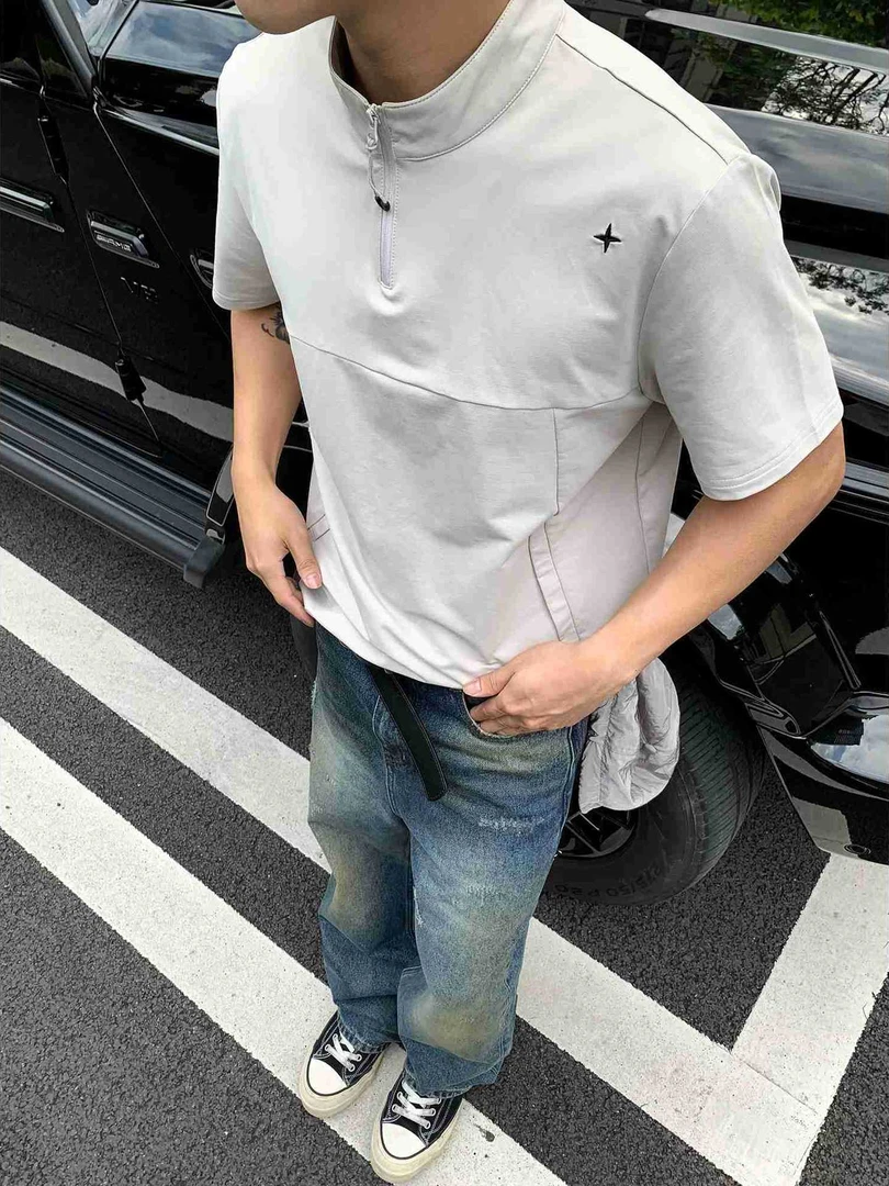 Z35 户外速干防晒凉感半拉链剪裁拼接短袖T恤男