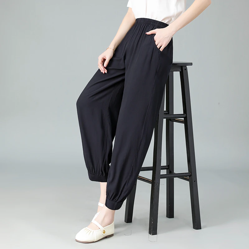 时尚网红休闲裤女士夏季薄款灯笼裤纯色防蚊裤百搭高腰棉绸阔腿裤
