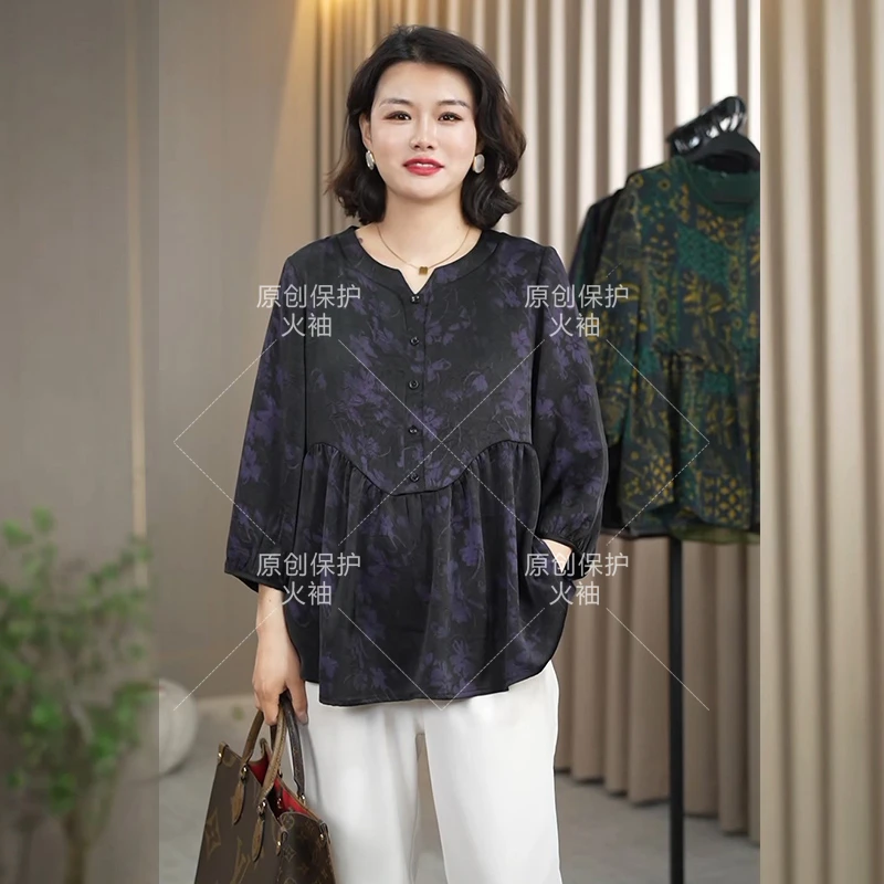 火袖F854中老年半开领上衣女2025春季新款宽松设计感印花大码上衣