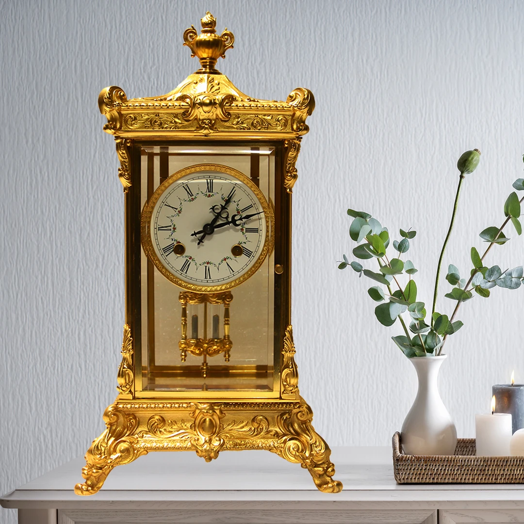 铜四明钟客厅赫姆勒机芯新中式复古创意报时台钟摆件摆钟钟表家用