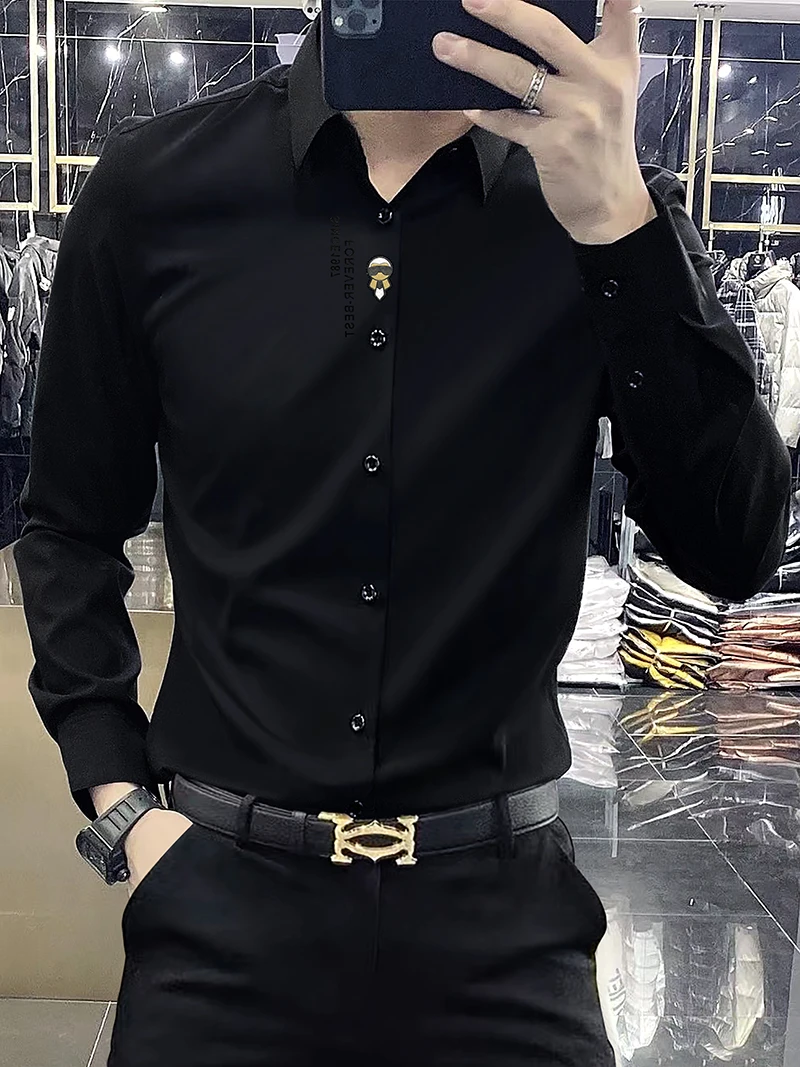 2025秋季新款男士潮流时尚衬衫休闲男长袖韩版修身商务烫钻衬衣男