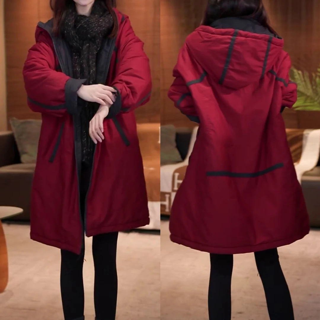 时尚宽松显瘦加厚保暖棉衣2025秋冬季中长款双面穿连帽棉服外套女