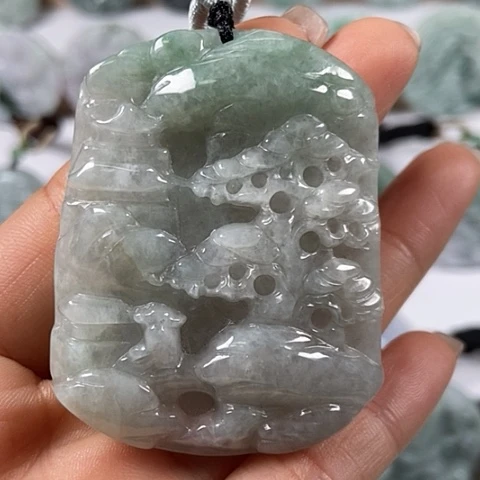 翡翠颈饰未镶嵌山水牌有棉线福利
