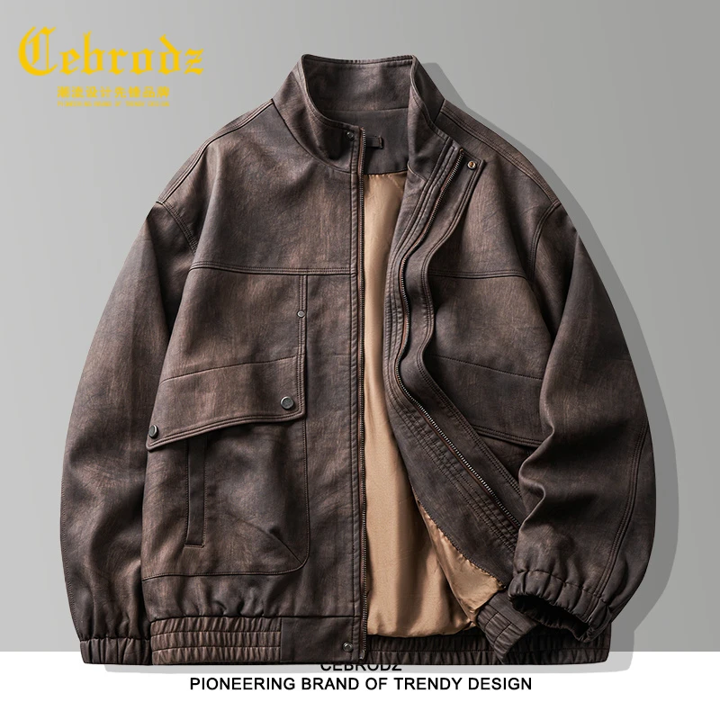 法国Cebrodz高街做旧复古铁锈棕皮夹克男士春秋宽松机车立领外套