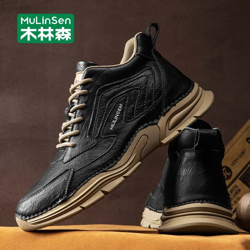 木林森高帮男鞋2025新款秋季时尚百搭休闲皮鞋男款英伦防水工装靴