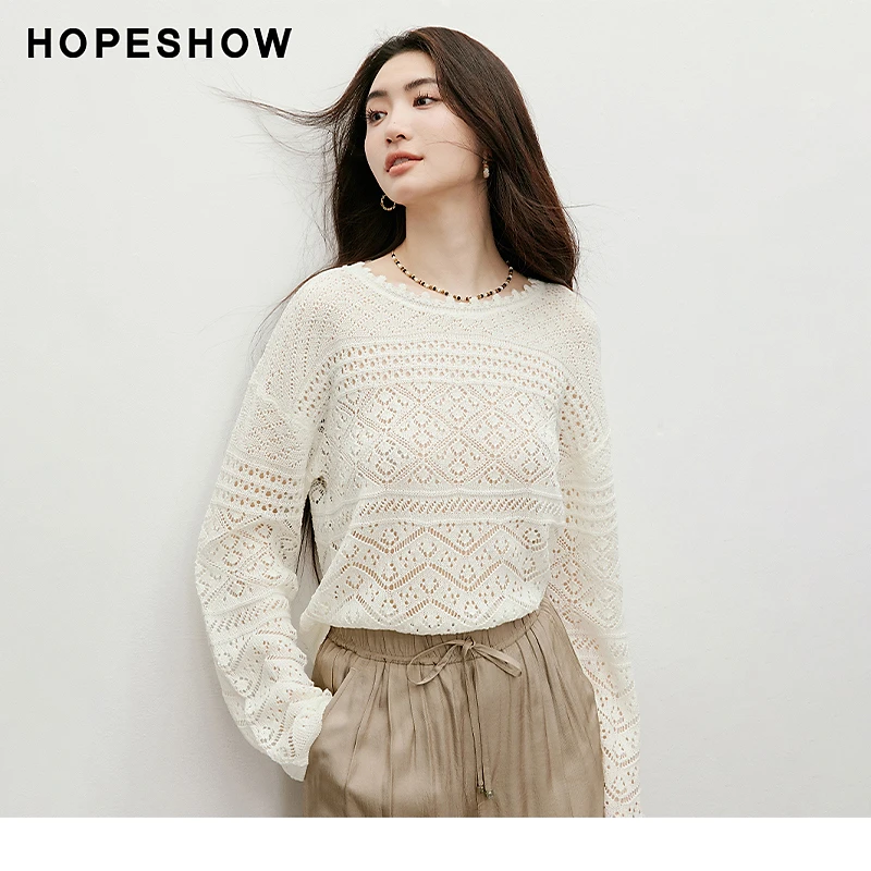 红袖2025夏季女装 波西米亚风镂理落肩船领套头针织衫90225120103