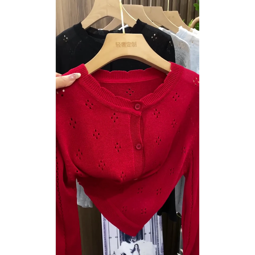 短款气质显瘦小掌印镂空外搭长袖针织开衫