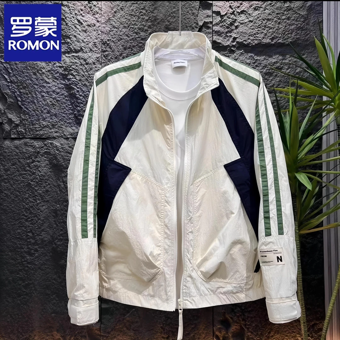 罗蒙春秋季新款休闲时尚条纹男士拼接立领夹克宽松拉链薄款外套潮