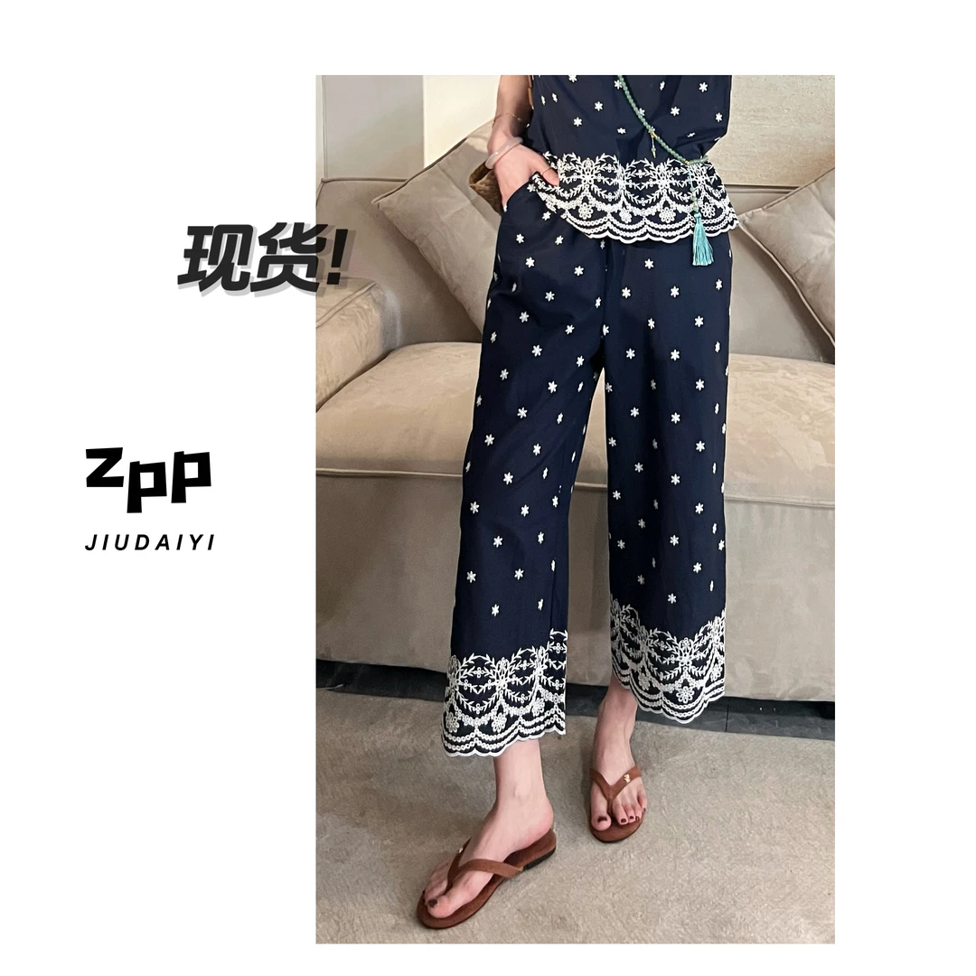 玖黛衣现货【绣花裤】新款夏季复古显瘦宽松百搭裤子KZP41387