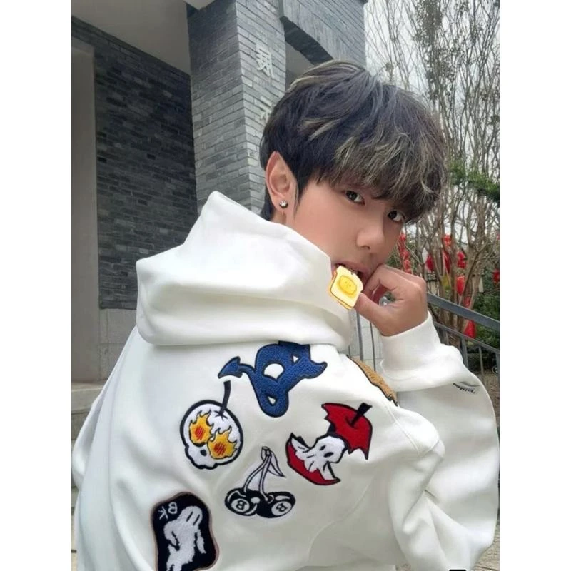 美式复古潮牌连帽卫衣男女秋季趣味植绒刺绣上衣外套情侣宽松休闲