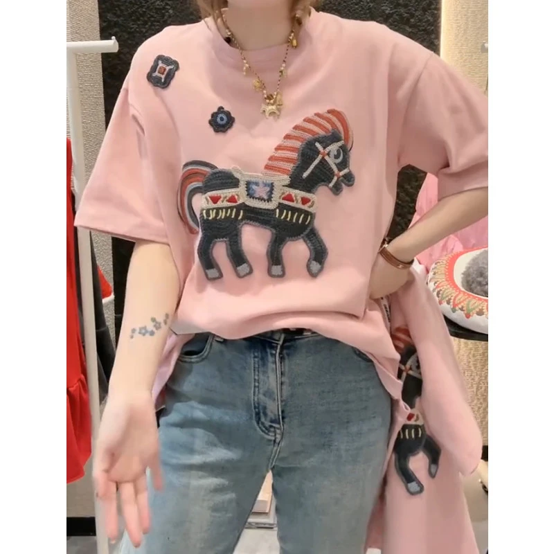 萱贝纯大码重工设计感刺绣短袖T恤女2026年春季新款百搭显瘦上衣