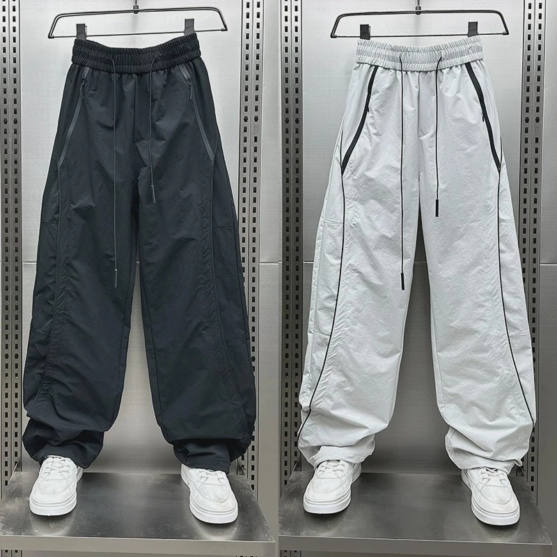 夏季新款透气速干户外轻薄条纹运动裤男士潮牌宽松直筒抽绳休闲裤