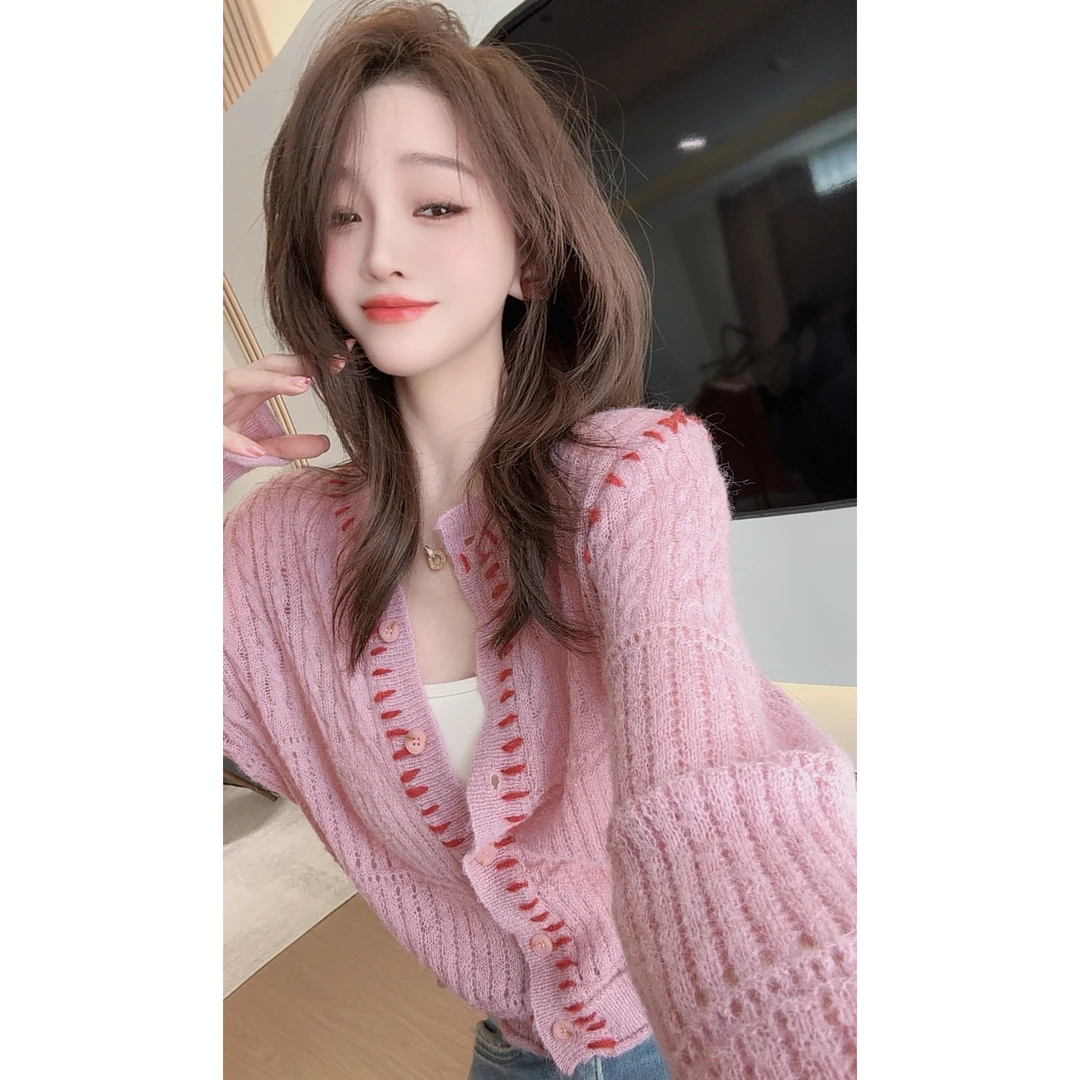 【CHEN】洋气设计感拼色减龄显白毛衣慵懒宽松长袖针织开衫25022008