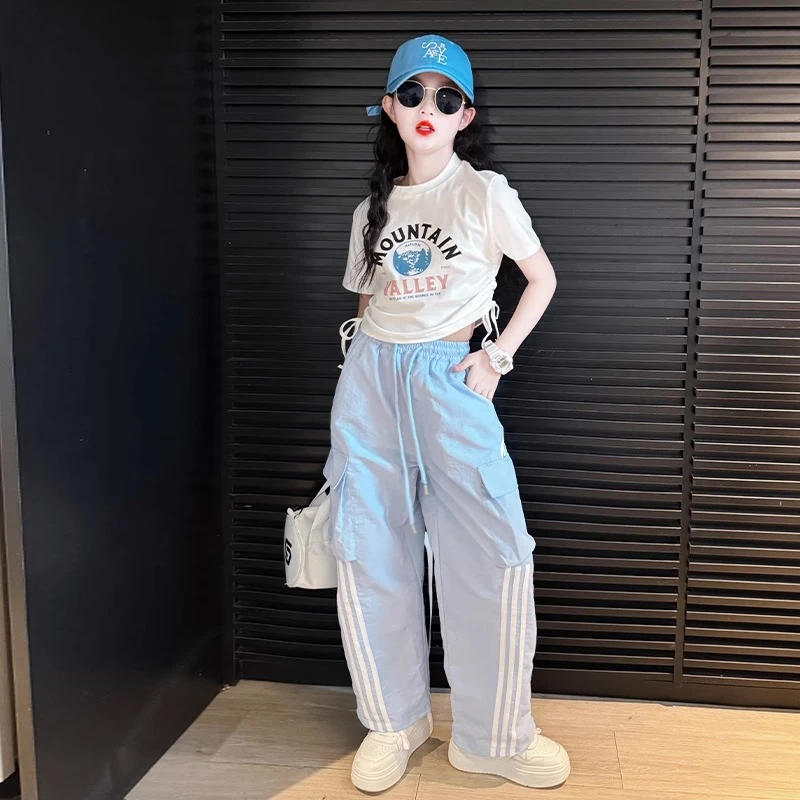 女童短袖套装夏季2025新款8-15岁中大童酷飒风夏装工装裤运动童装