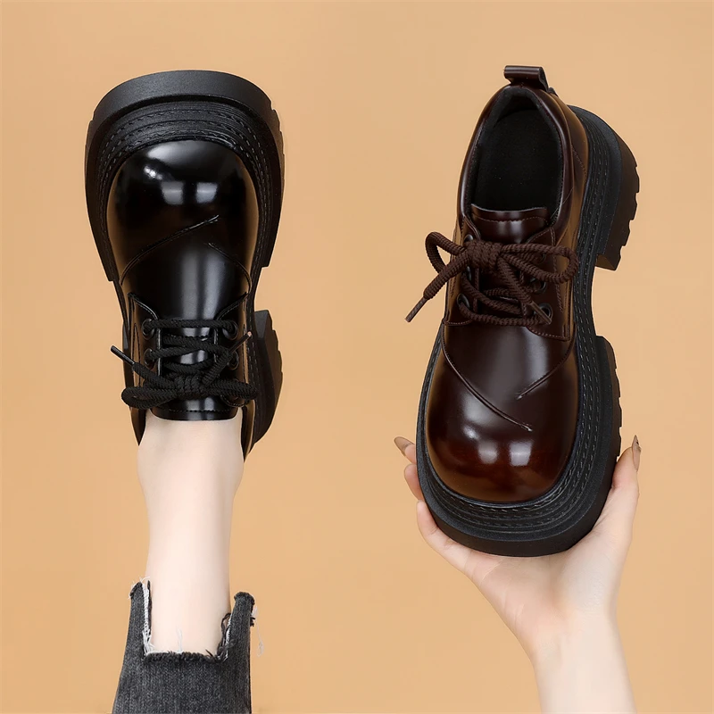 跟高7cm 系带乐福鞋2025冬季新款厚底增高加绒一脚蹬英伦风小皮鞋