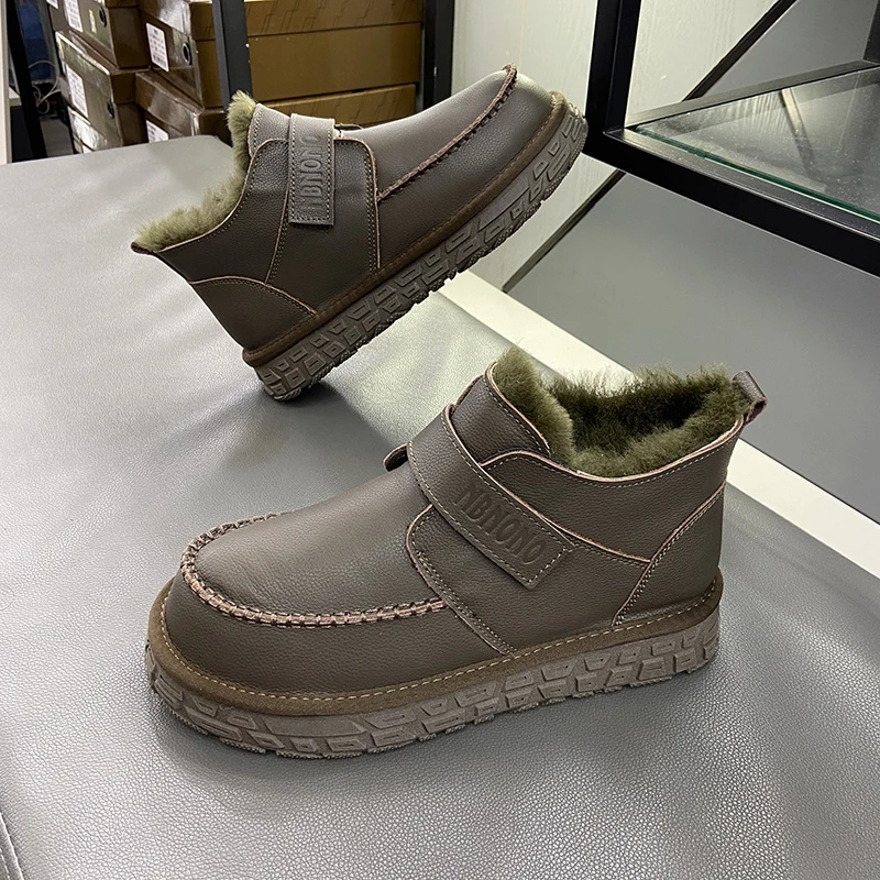 冬季2025男女情侣头层牛皮全羊毛丑萌面包鞋魔术贴保暖棉鞋雪地靴