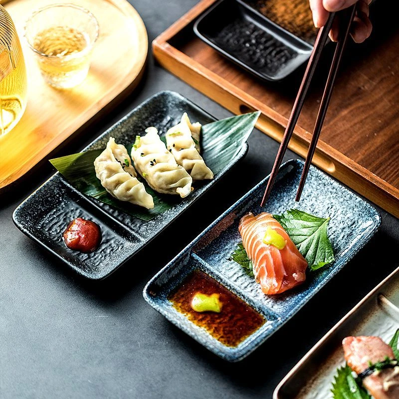 饺子三文鱼餐盘日式专用盘子带醋碟分格烤肉碟子餐具陶瓷盘长方形