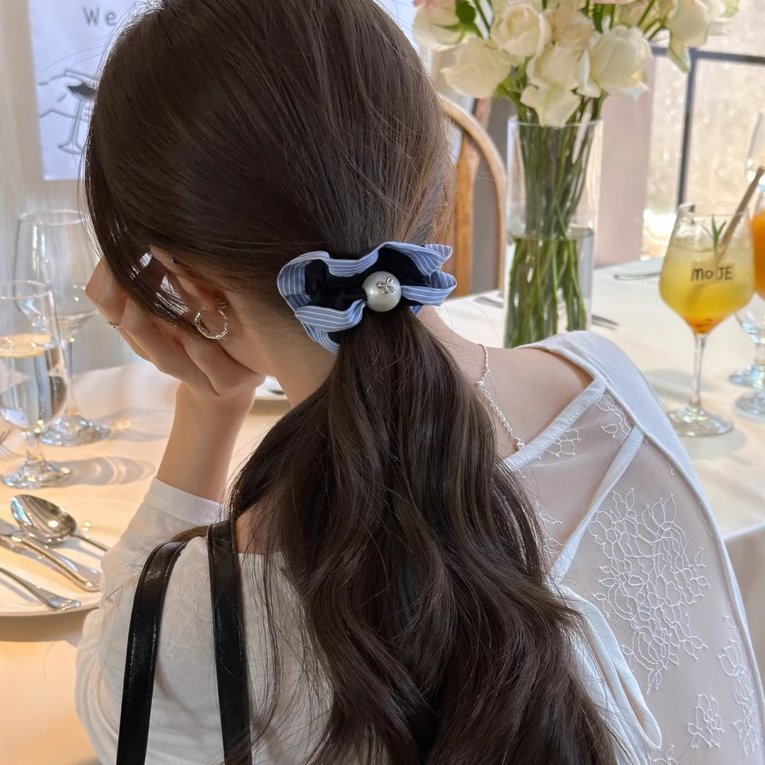 蓝色条纹花边珍珠小肠发圈头绳女精致蝴蝶结珠珠发饰扎头发绳皮筋