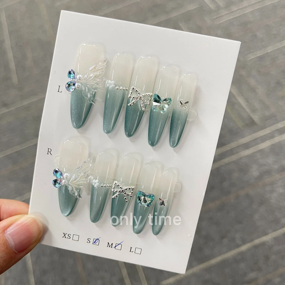 【青玉蝴蝶】新中式仙气指尖猫眼带钻穿戴甲重工显白氛围感美甲