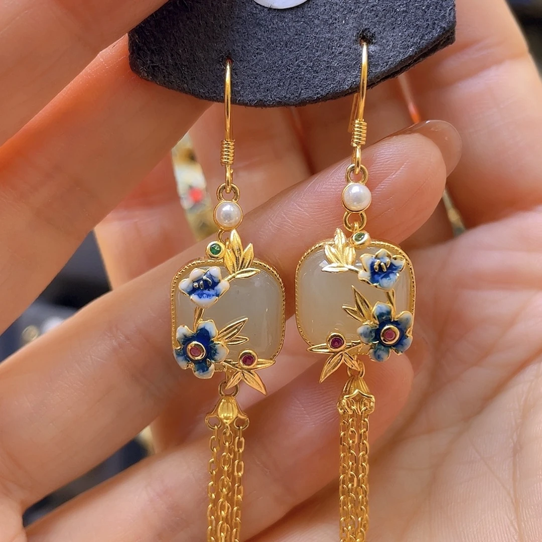 和田玉银S925镀金镶嵌耳饰