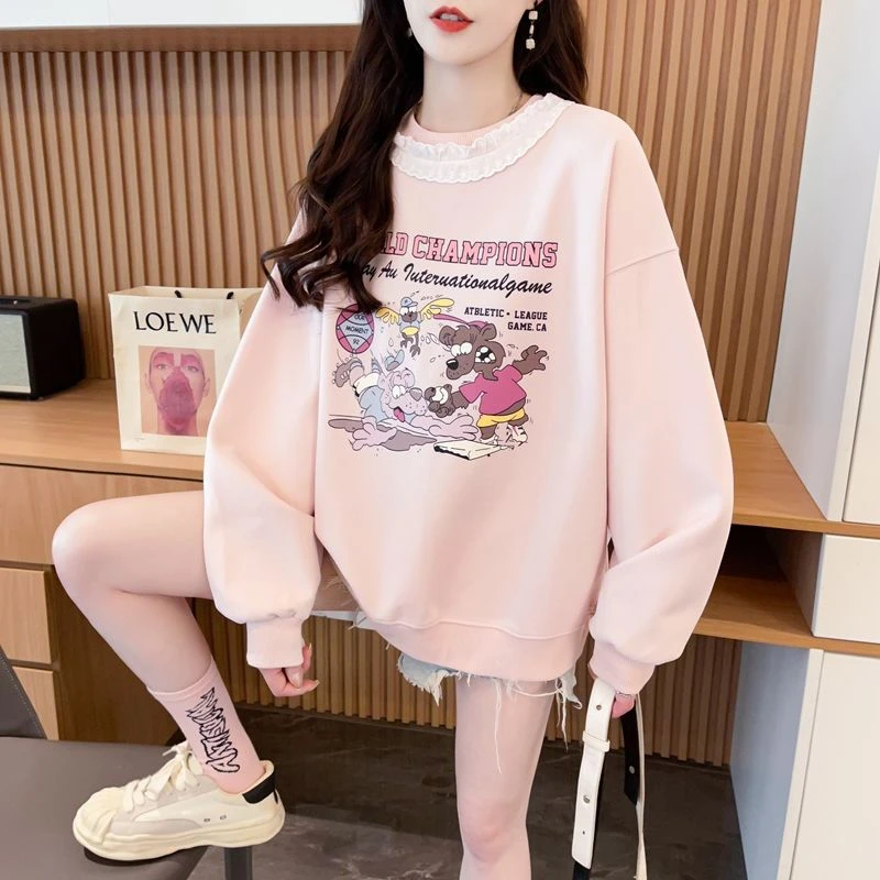 卡通印花学生减龄洋气圆领卫衣女设计感蕾丝拼接长袖韩版百搭上衣