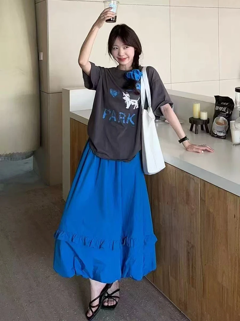 【安心推荐】夏季休闲套装小狗印花百搭宽松T恤花苞半身裙两件套