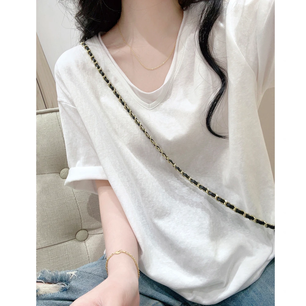 雪花棉白色V领卷边短袖T恤女夏季2025新款宽松显瘦薄款体恤上衣潮