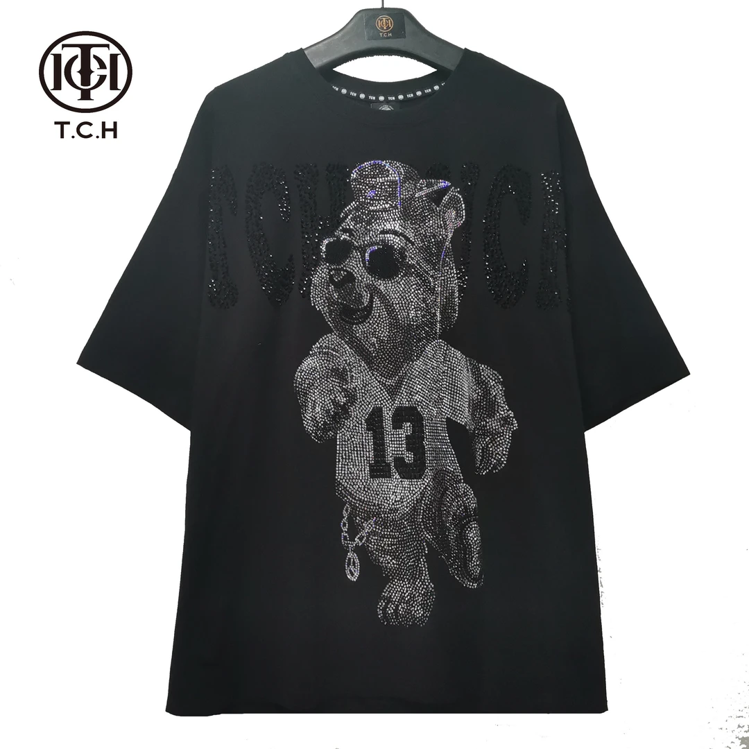 TCH服饰店播-潮牌小熊字母烫钻短袖T恤T21110C6209