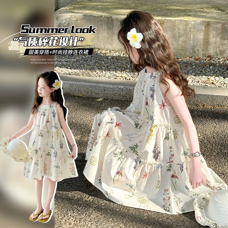 女童夏季度假风连衣裙2025新款中大童洋气碎花草帽背心裙轻薄裙子