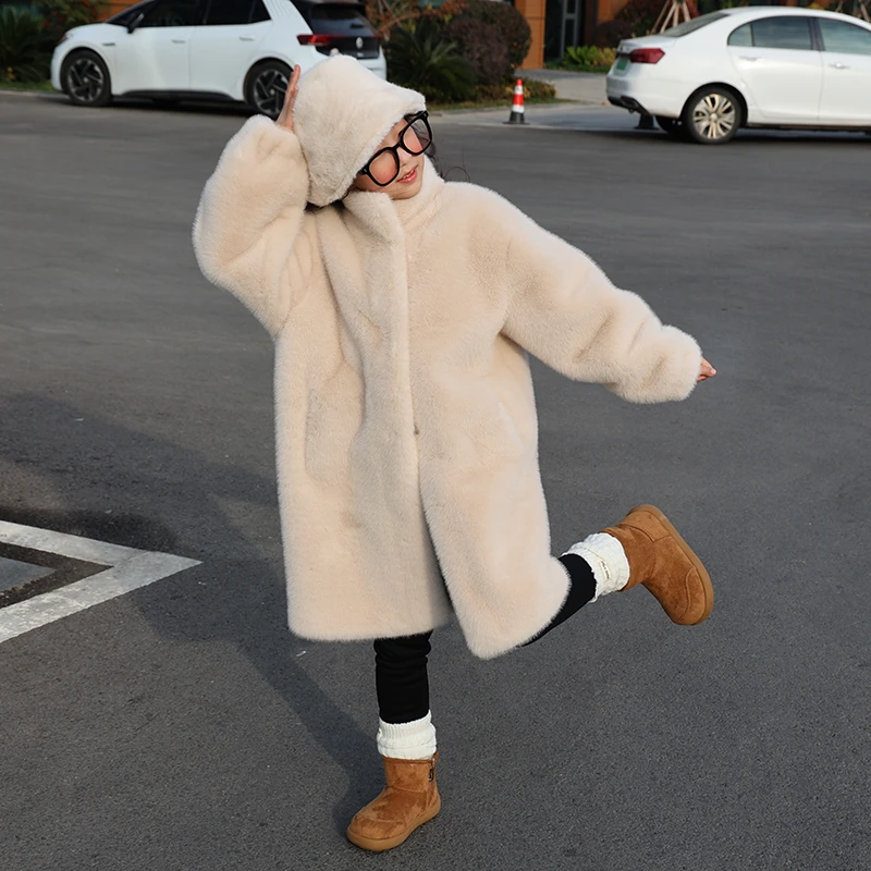 女童毛毛外套皮毛一体冬季女宝仿皮草水貂毛棉袄中长款多色送帽子