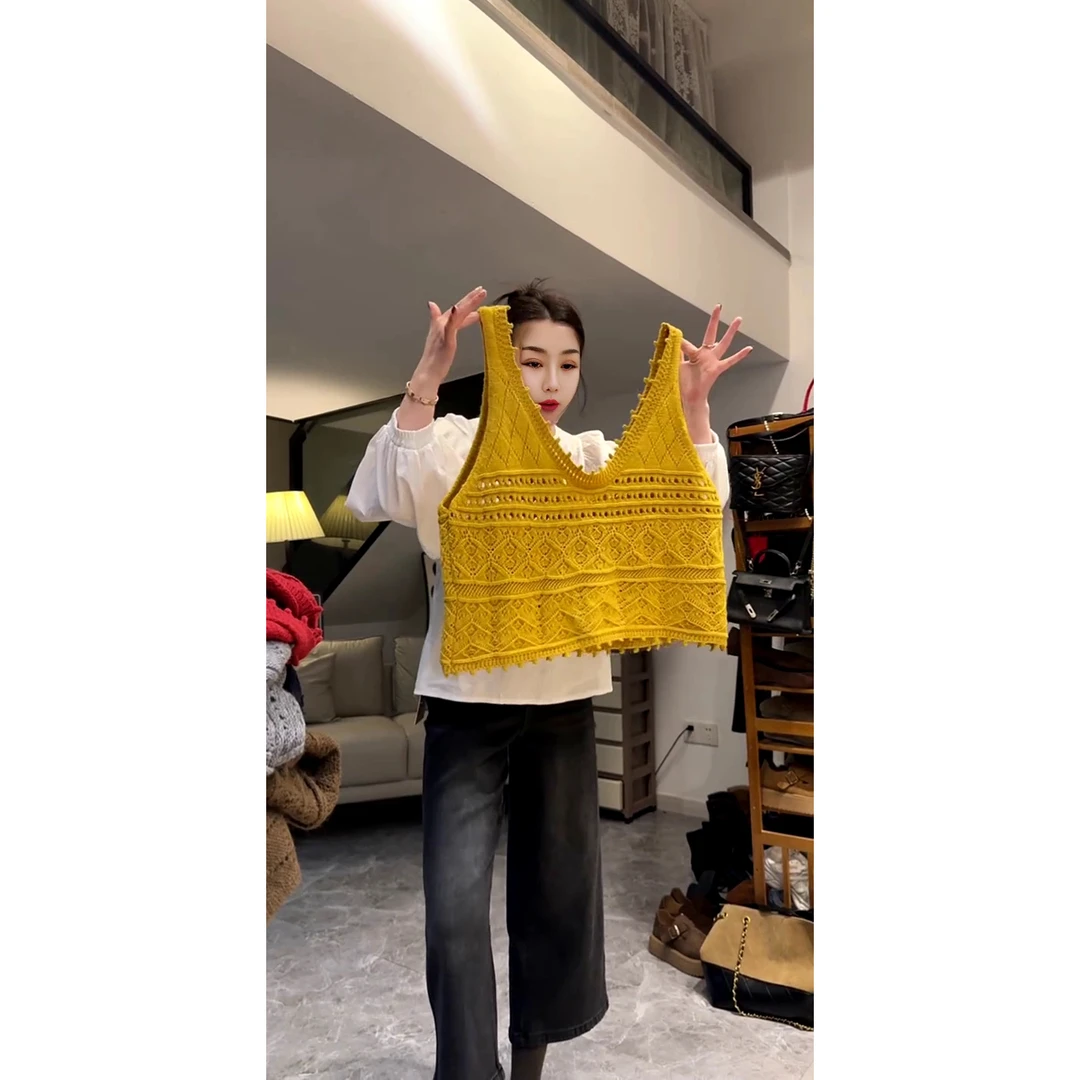 韩版慵懒风宽松百搭V领镂空钩花针织马甲