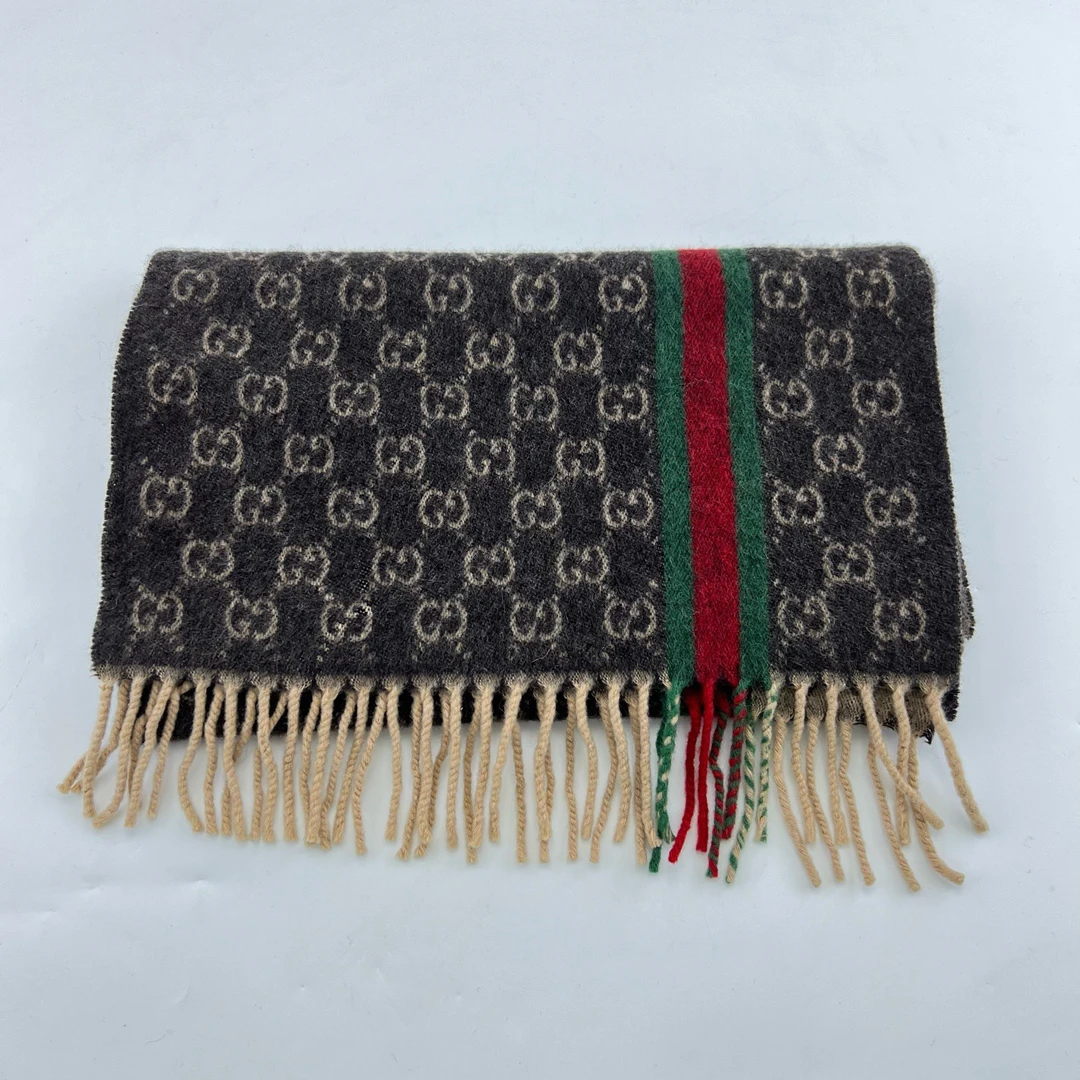 99新 GUCCI/古驰 拼色Logo花纹印花红绿条纹绒线围巾/17226295