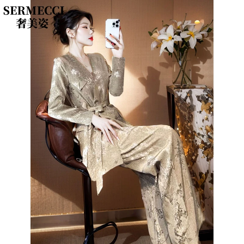 春装女2025年新款高定轻奢金线提花廓形长袖西装外套阔腿裤两件套