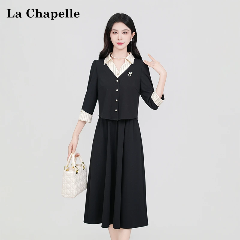 【拉夏贝尔】法式气质设计感高腰时尚修身显瘦长袖假两件套女