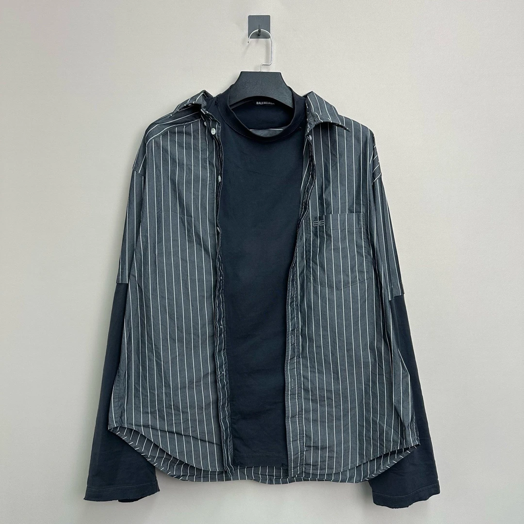 99新 Balenciaga/巴黎世家 刺绣做旧破坏假两件衬衫/2码/价11300