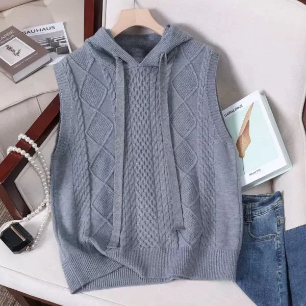 2025春装新款系带马夹外穿背带宽松女网红中长套头针织连帽马甲背