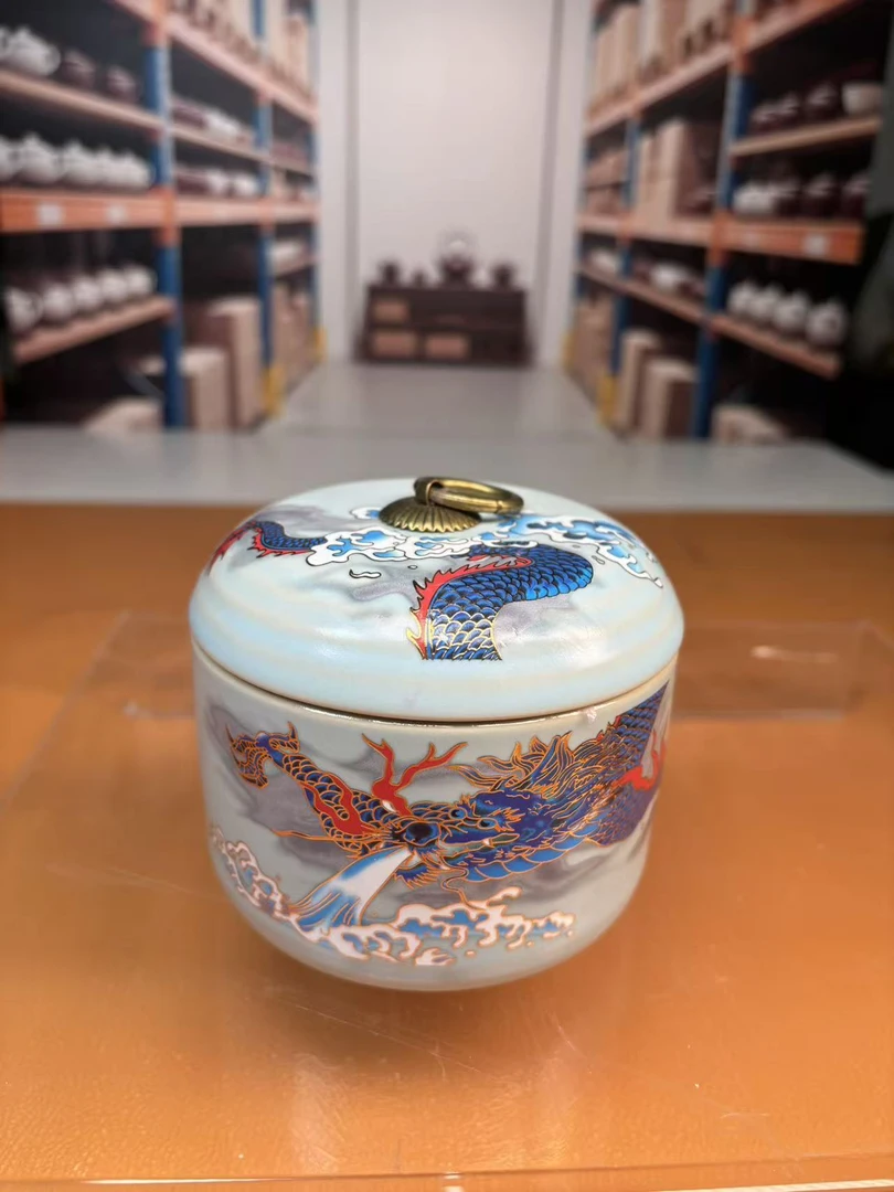 Y4185螺纹罐天青汝窑龙-小茶叶罐