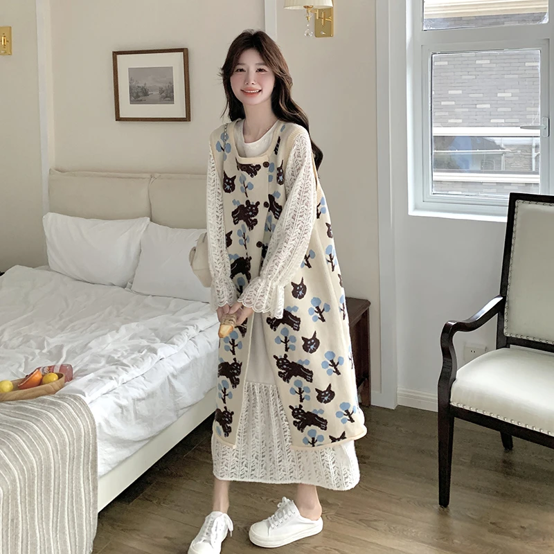 猫咪提花针织背心裙两件套女财阀千金叠穿炸街白色蕾丝连衣裙套装