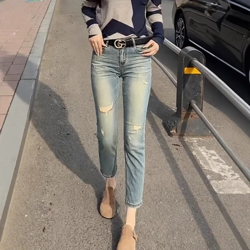 小个子高腰显瘦窄版直筒牛仔裤春夏季新款大码女装百搭九分烟管裤